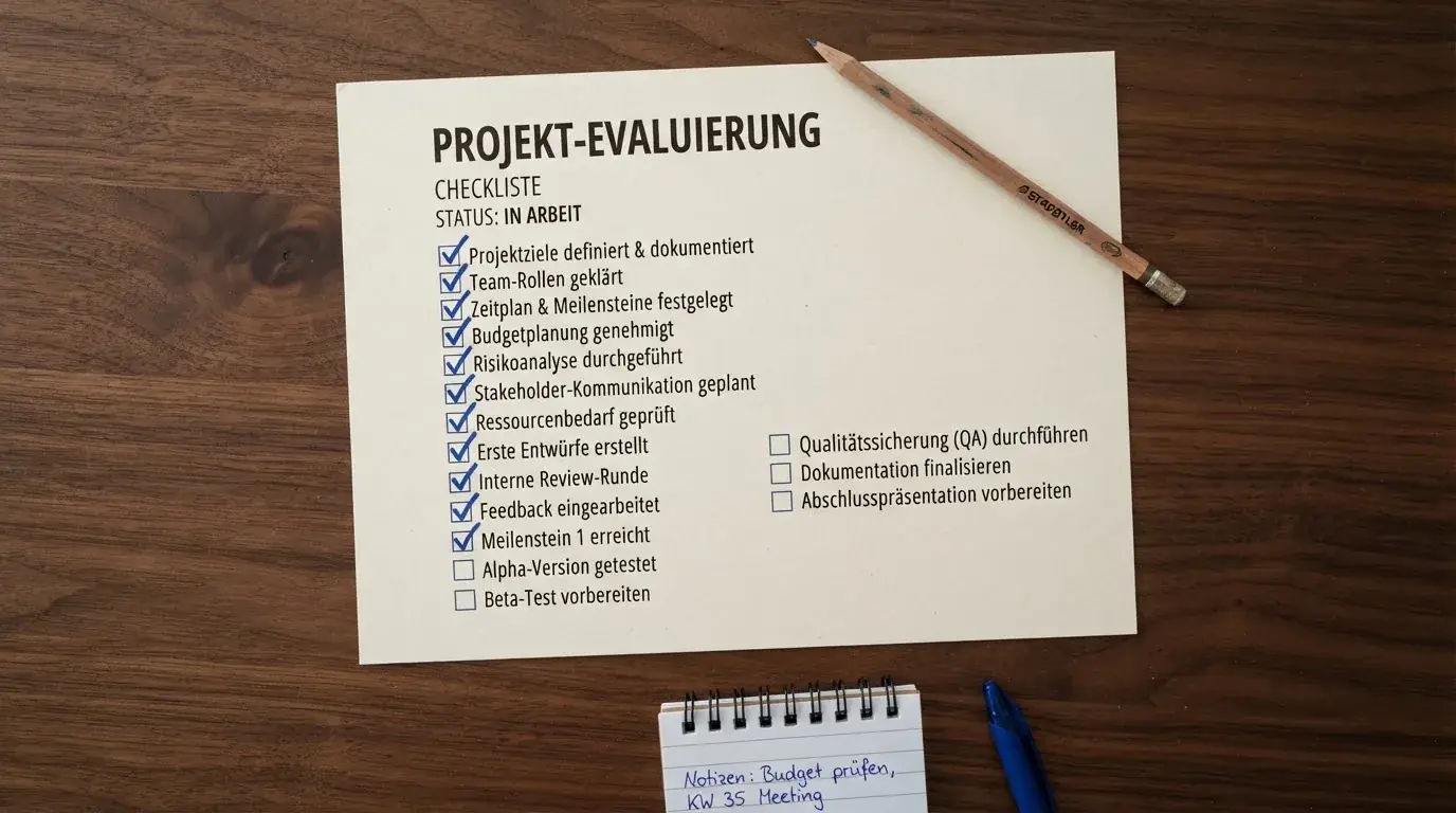 Draufsicht auf eine Checkliste mit angekreuzten Bewertungskriterien auf einem Tisch.