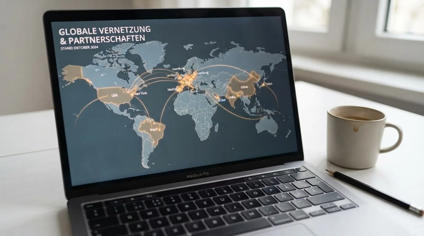 Weltkarte auf einem Bildschirm mit hervorgehobenen Ländergrenzen und verbundenen Linien.