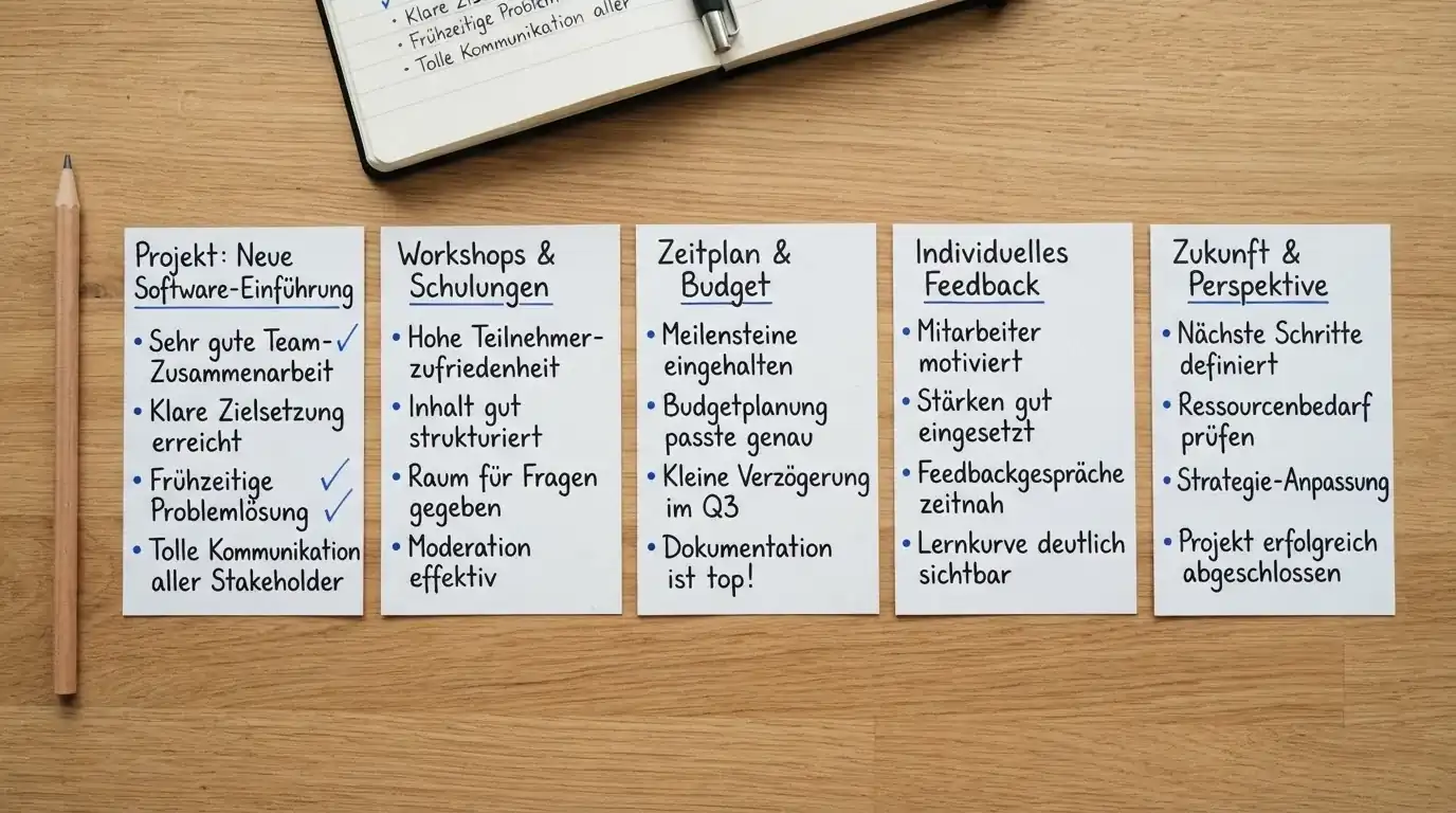 Draufsicht auf mehrere Notizzettel mit handschriftlichen Bewertungspunkten nebeneinander.
